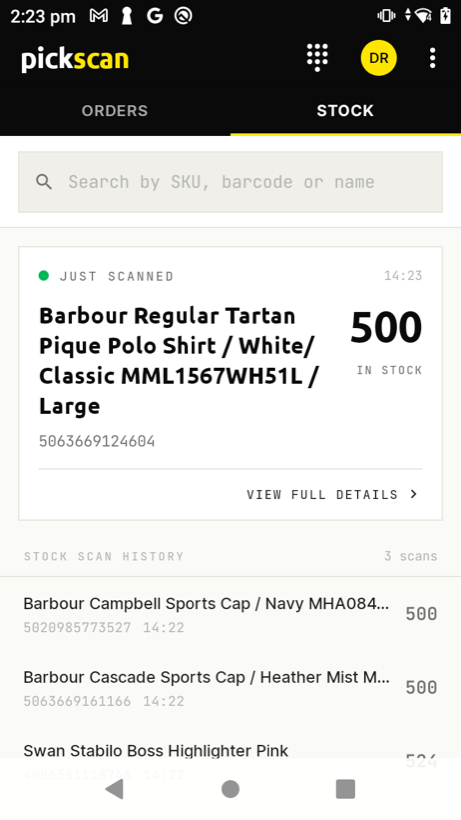 Pickscan on a dedicated barcode scanning device — instant stock lookup