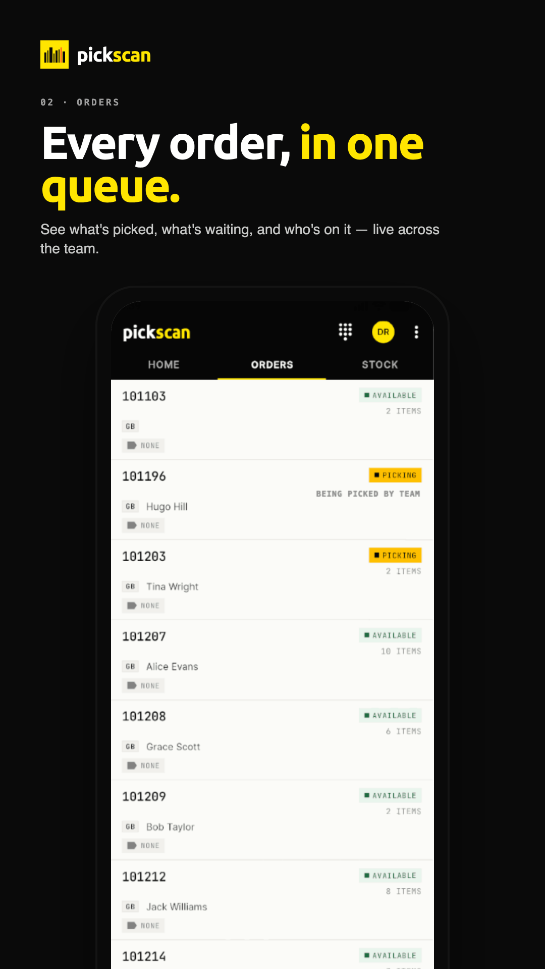 Orders list screen